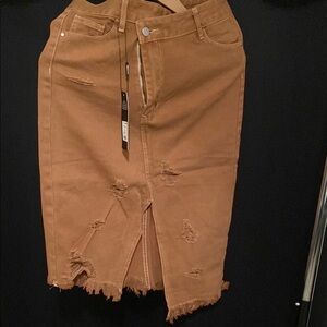 Distressed Tan Denim Skirt